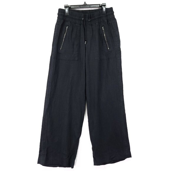 Athleta Cabo Linen Pants Size 2 Wide Leg Black Zip Pockets Elastic Waist - Picture 1 of 13
